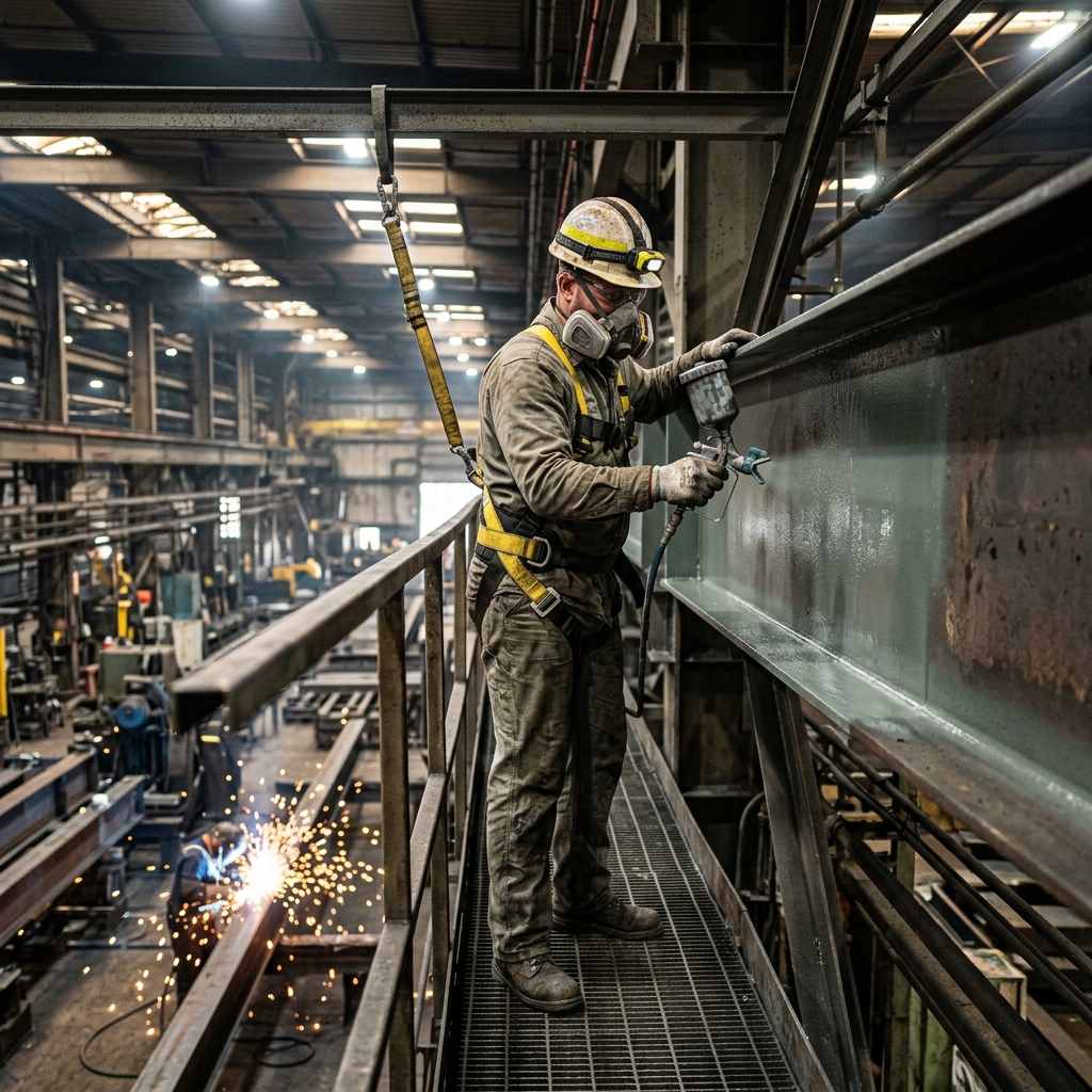 Professional applying anti-corrosive epoxy coating on industrial steel beam