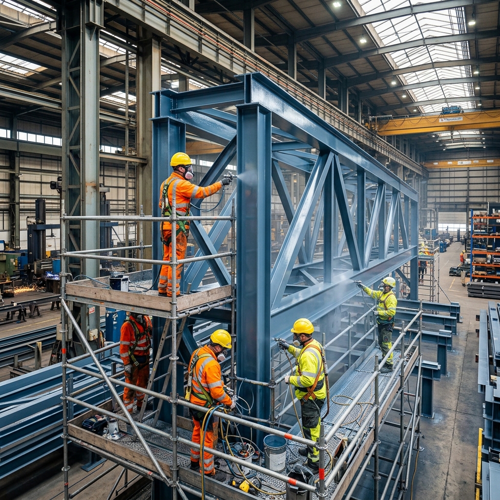 Team of painters working on scaffolding to spray paint factory trusses